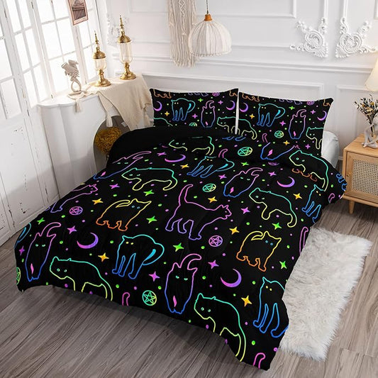 Black Cat Bedding Cartoon Cat Comforter Set Full,Moon Stars Printed Kids Bedding Set for Boys Girls Adults Room Decor,Kids Comforter Set All Season,1 Quilt 2 Pillow Cases,Neon Color Blue Green