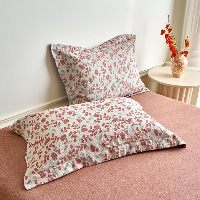 mixinni 100% Washed Cotton Duvet Cover Set, Reversible Vintage Floral Jacquard Textured Comforter Cover, Boho Farmhouse Bedding Set with Zipper Closure for All Season, Queen Size