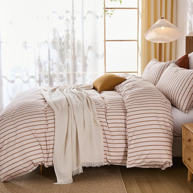 Merryword Striped Duvet Cover Set Queen Size 3 Pieces 100% Cotton Duvet Cover Set with Beige and Terracotta Vertical Stripe Design,Soft Lightweight Reversible Bedding Set for All Seasons