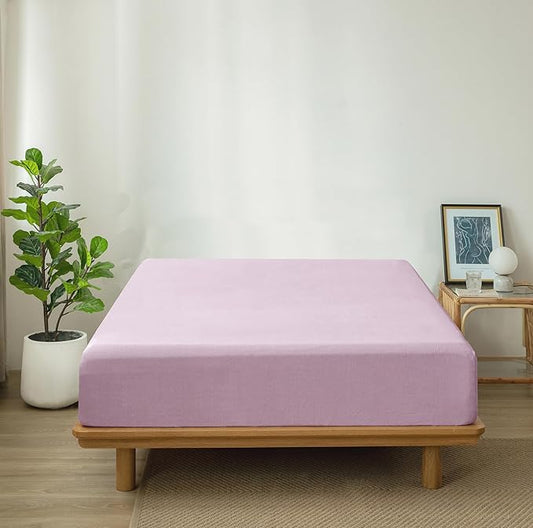 MooMee Fitted Bottom Sheet Only 100% Washed Cotton Linen Like Textured Breathable Durable Soft Comfy Deep Pocket Fits Mattress up to 17" (Light Purple, Queen)