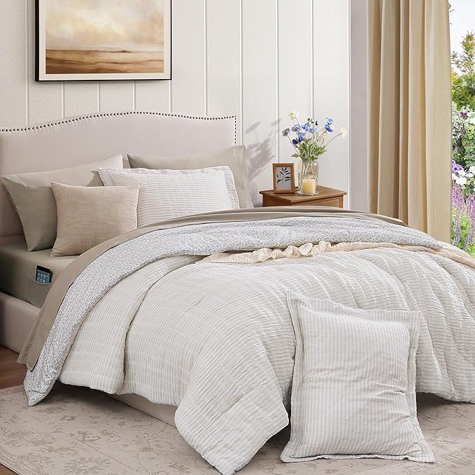 King Comforter Set - 7 Pieces Beige Gauze Muslin Bedding Sets for All Seasons, Lightweight Breathable Bed in a Bag King with Revesible Farmhouse Comforter, Sheets, Pillowcases & Shams
