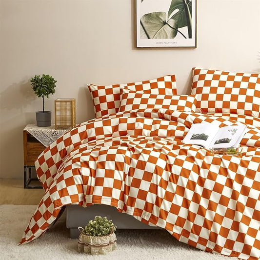 Houseri Burnt Orange Plaid Comforter Set Queen White and Rust Grid Bedding Sets for Women Girls Caramel Red Blanket Boys Men Reddish Brown Queen(90''*90''-Comforter)
