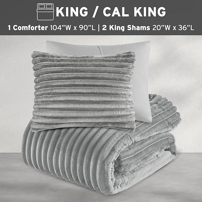 Intelligent Design King Comforter Set, Cozy Plush Bedding, Microfiber Reverse, 3 Piece, Lightweight, Super Soft Ribbed Velvet Comforter 2 Shams, All Season Fluffy Bed Set, Avril, King/Cal King Grey
