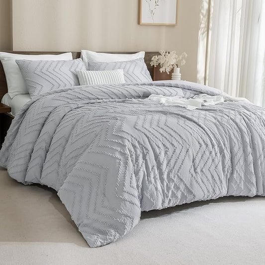 Andency Silver Grey Comforter Set for Queen Size Bed, Boho Grey Soft Warm Bedding - 3 Pieces Gray Chevron Tufted Aesthetic Polyester Lightweight Comforter