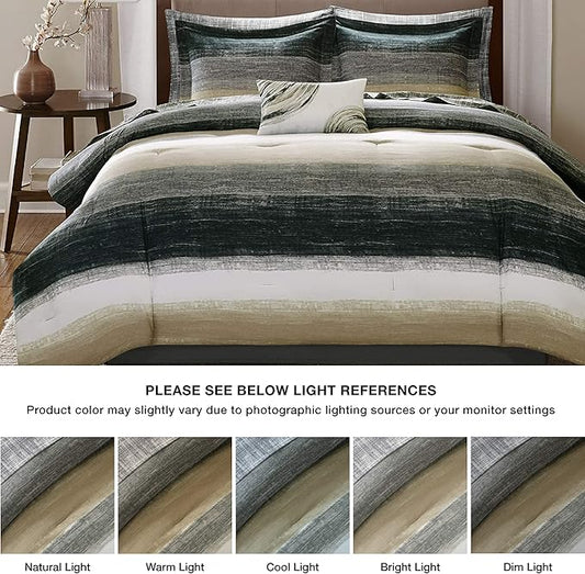 Madison Park Essentials Queen Comforter Set, Bed in a Bag Queen, Watercolor Print Coastal Comforter & Chambray Cotton Sheet Set, All Season Bedding Set, Saben, Taupe Queen (90 in x 90 in) 9 Piece