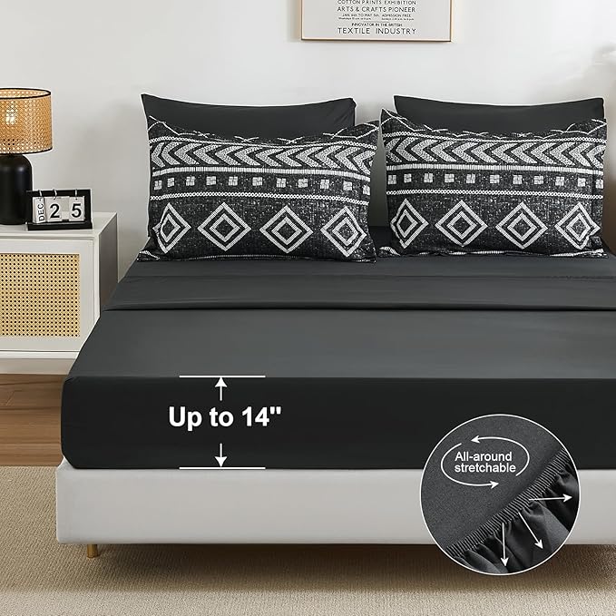 Yiran Boho Twin Comforter Set with Sheets, 6 Piece Black Comforter Bedding Set, Aztec Bed in a Bag, Soft Microfiber Bohemian Striped Complete Bedding Set with Sheets for All Season