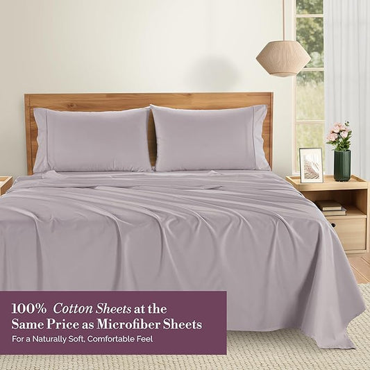 Casa Platino 100% Cotton Twin XL Size Sheets – Crisp Percale Sheets Twin XL with 2 Pillowcases, with 15" Deep Pocket Sheet for Secure Fit, Ultra Soft & Cozy, Excellent Quality & Fit – Grey Lavender
