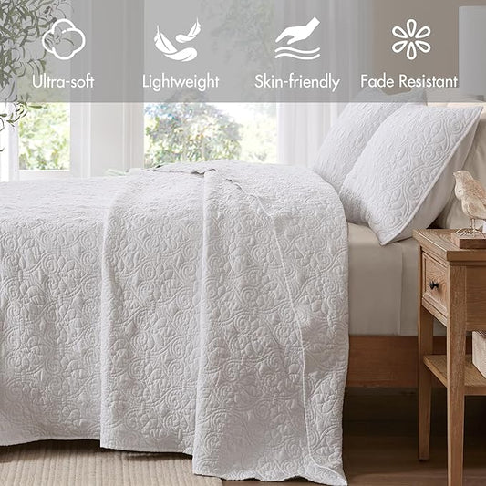 Madison Park Quebec Reversible Quilt Set Damask Design, Double Sided Stitching All Season, Lightweight Bedspread Bedding Set, Matching Sham, White, Full(96"x110") 3 Piece