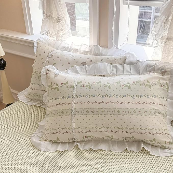 VM VOUGEMARKET Kids Comforter Set Full Size Cute Rabbit Down Comforter with Flower Leaves Pattern Reverisble Ruffle Lace Bedding Set for Teen Girls(Green,Full)