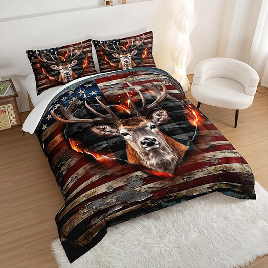 Deer Bedding Sets for Kids Boys Girls Room Decor,Hunting Themed American Flag Bedding Comforter Sets,Western Comforter Sets Camo Full Bedding Set with 2 Pillowcases.