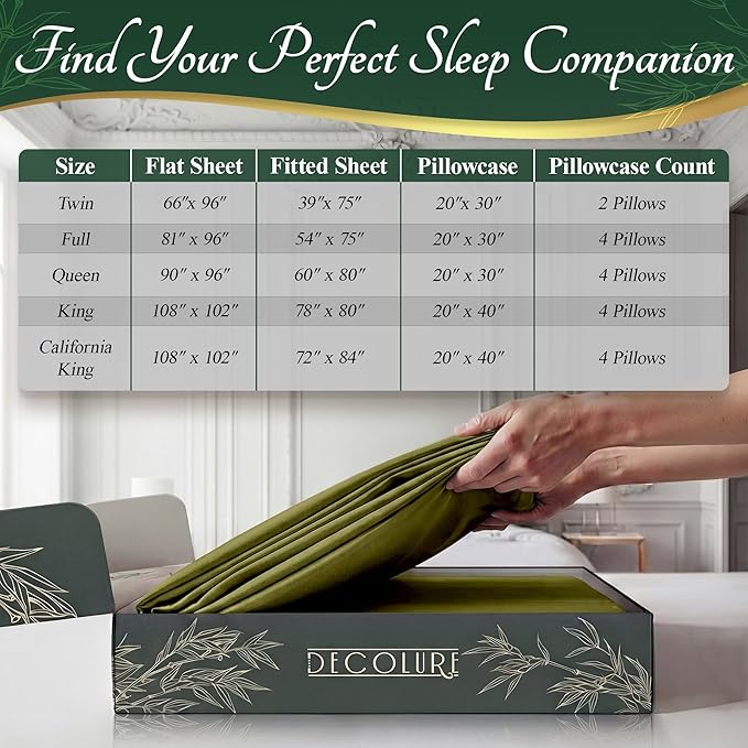 DECOLURE 100% Viscose Derived from Bamboo Sheets California King Size - Luxury 6 Pc Naturally Cooling Sheets, Ultra Soft Bed Set - Deep 17" Pockets, Double Stitching, Oeko Tex Standard (Light Olive)