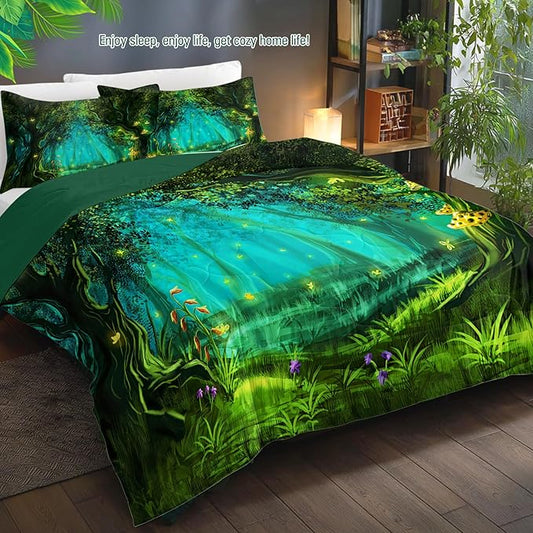 SOULZZZ Forest Comforter Set King Size Premium Microfiber Green Forest Mushroom Butterfly Flower Pattern Comforter 3 Piece Aesthetic Green Bedding Set with 2 Pillow Shams