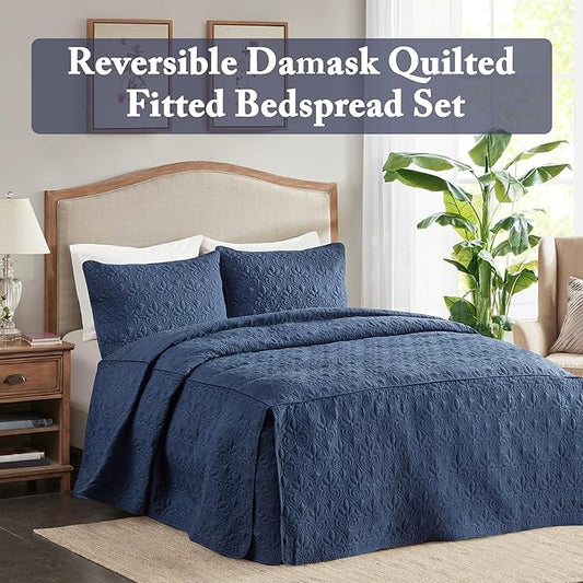 Madison Park Quebec Split Corner Quilted Bedspread Classic Traditional Design All Season, Lightweight, Bedding Set, Matching Shams, King, Damask Quilted Navy 3 Piece