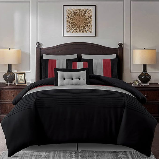 Chezmoi Collection Loft 8-Piece Luxury Striped Comforter Set (King, Red/Black/Gray)