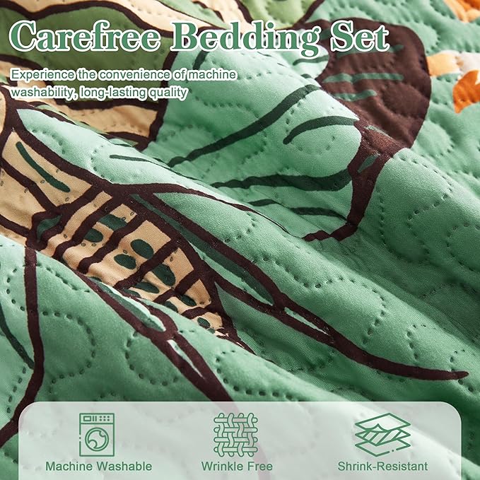 3 Piece Sage Green Boho Floral Californial King Quilt Sets Farmhouse Botanical Reversible Lightweight Bedspread with 2 Shams Butterfly Microfiber Bedding Quilts Set for All Season,118''x106''