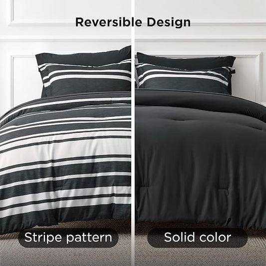 Bedsure California King Comforter Set 7 Pieces, Black Striped Bedding Set for All Seasons, Reversible, Cationic Dyeing Bed in a Bag with Comforter, Sheets, Pillowcases & Shams