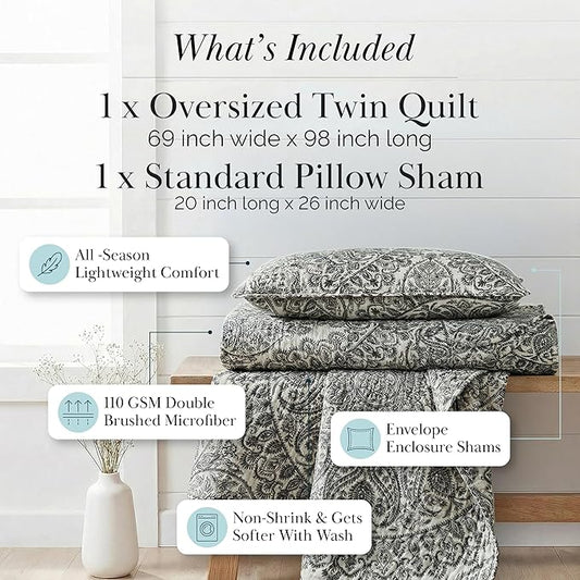 Southshore Fine Living, Inc. Ashanti Collection Oversized Quilt Twin Bedding Set Lightweight, Soft Coverlet Bedspread 2-Piece with one Matching sham (69 in Wide x 98 in Long), Twin/XL, Grey
