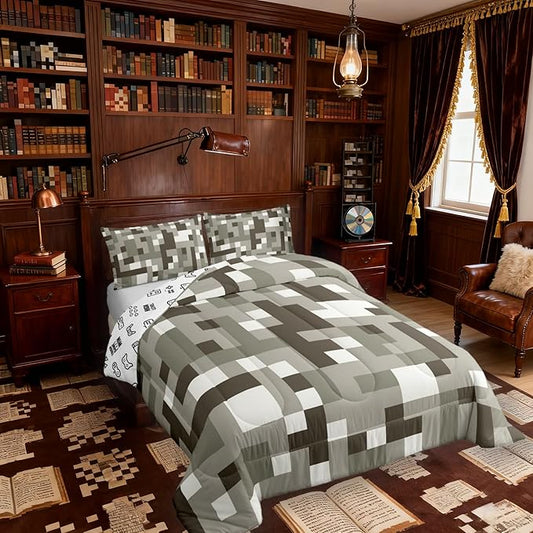 Miners Pixel Checked Kids Bedding Set Queen Size,Cartoon Gamepad Video Games Comforter Set,Geometric Grid Patchwork Quilt Comforter,Gray White Bedroom Duvet Insert,2 Pillowcases