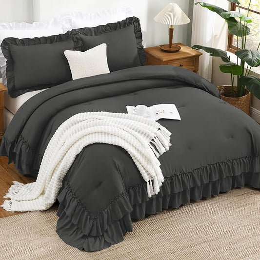 Andency Super King Plus Ruffle Comforter Set 128x120, 3 Pieces Thick Farmhouse Shabby Chic Bedding Set, Lightweight Soft Oversized California King Comforter Set (1 Comforter 2 Pillowcases), Dark Grey