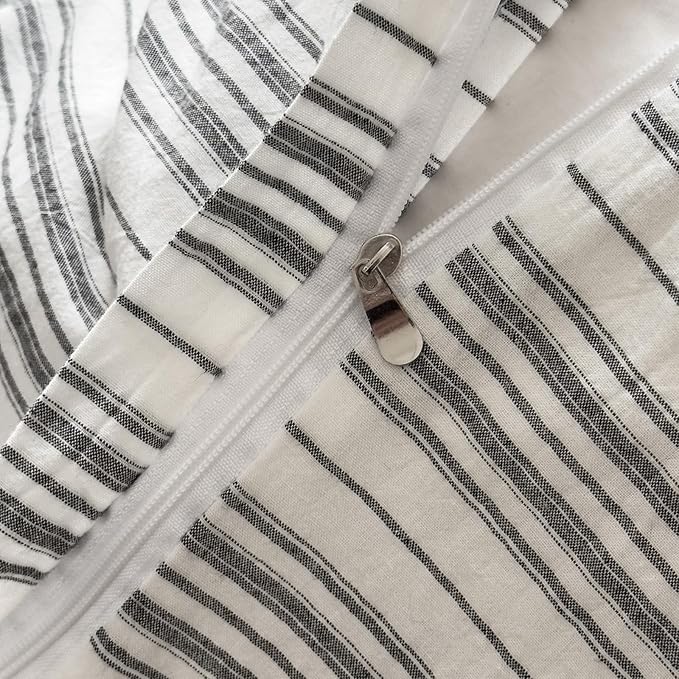EAVD Retro Grey White Striped Duvet Cover Full Soft 100% Washed Cotton Reversible Striped Bedding Set with 2 Pillowcases Farmhouse Geometric Pattern Duvet Cover with Zipper Closure