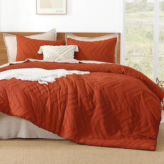 Litanika Burnt Orange Comforter Oversized King Size Set, 3 Pieces Terracotta Chevron Tufted Solid Bedding Comforter Sets, Fluffy Bed Set