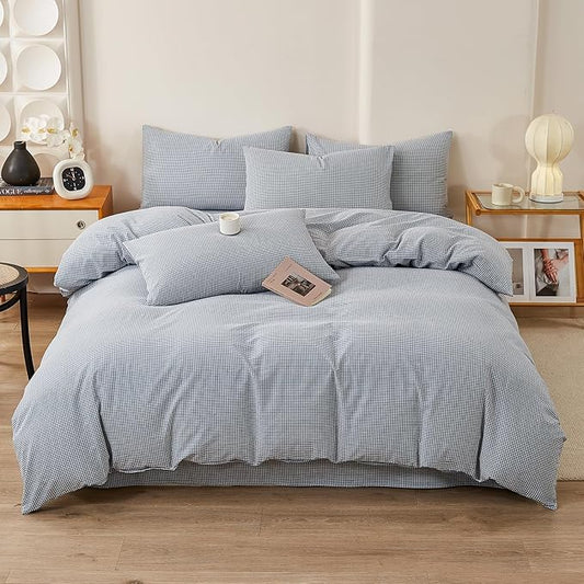 Blue Gingham Queen Duvet Cover Set Washed Cotton Plaid Comforter Cover Queen Size Farmhouse Boho Soft Breathable Duvet Cover Set with 2 Pillowcases Checkered Zipper Bedding Cute Duvet Protector