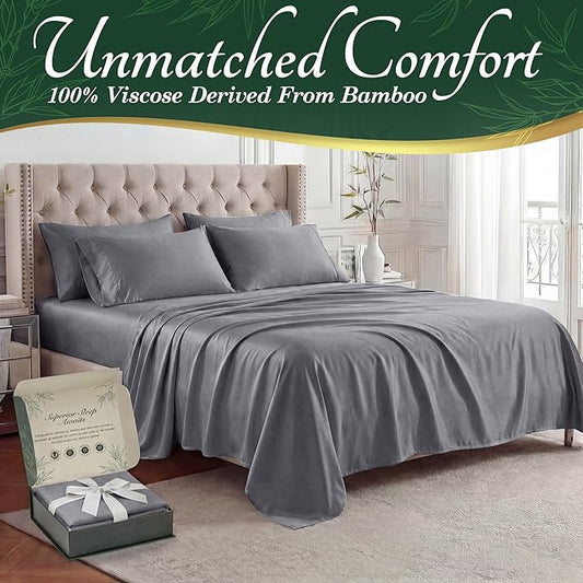 DECOLURE 100% Viscose Derived from Bamboo Sheets Queen Size - Luxury 6 Pc Naturally Cooling Sheets, Ultra Soft Bed Set - Deep 17" Pockets, Durable Double Stitching, Oeko Tex Standard (Grey)