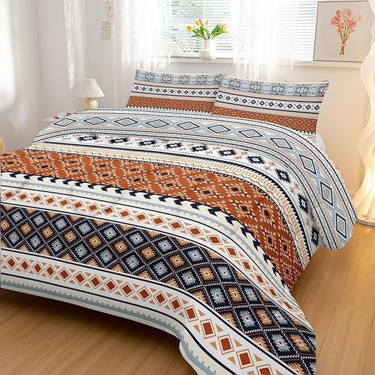 Off White Bohemian Comforter Sets King Size,Tribal Geometric Bedding Set for Your Room,Abstract Soft Lightweight Quilted Set All Season,1 Comforter and 2 Pillowcases