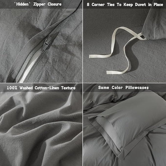Dark Grey Duvet Cover Oversize Queen Size Bedding Set Cover 100% Washed Cotton Duvet Cover with Zipper Closure and 2 Pillowcases, 98inch x 98inch