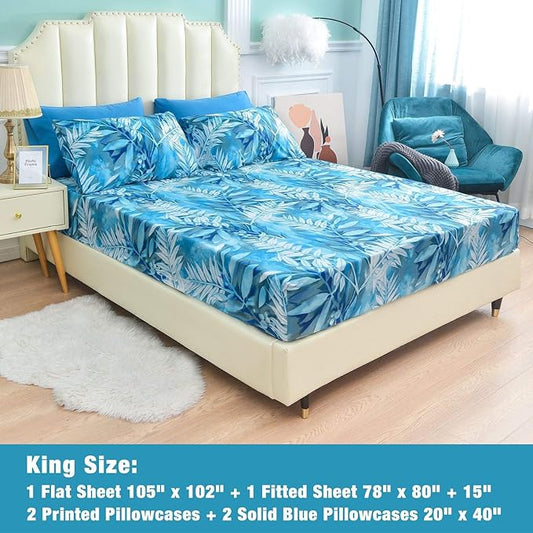 JSD Blue Tropical Leaves Print Sheet Set King Size, 6 Piece Soft Pattern Microfiber Bed Sheets Extra Deep Pocket