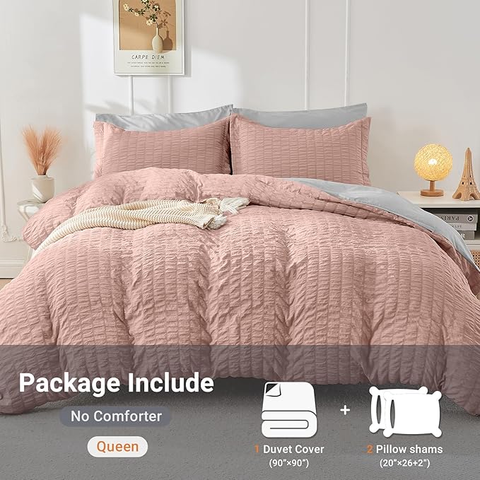 HYMOKEGE Rose Gold/Light Grey Duvet Cover Full Size, Ultra Soft 3-Piece Seersucker Duvet Cover Set with Zipper Closure, Soft Brushed Microfiber Bedding Set with 8 Corner Ties (80"x90", 2 Pillowshams)