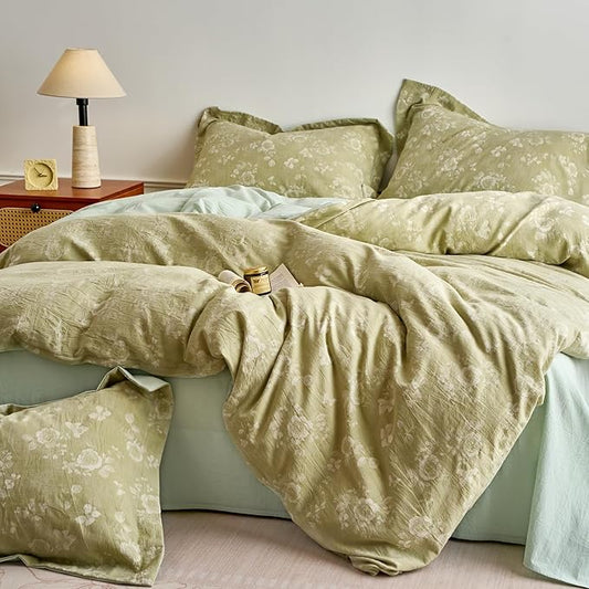 mixinni 100% Washed Cotton Cover Set, Reversible Vintage Green Floral Butterfly Jacquard Textured Comforter Cover, Boho Farmhouse Bedding Set with Zipper Closure for All Season, Queen Size