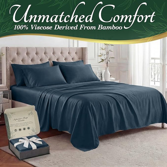 DECOLURE 100% Viscose Derived from Bamboo Sheets Twin Size - Luxury 4 Pc Naturally Cooling Sheets, Ultra Soft Bed Set - Deep 17" Pockets, Durable Double Stitching, Oeko Tex Standard (Navy Blue)