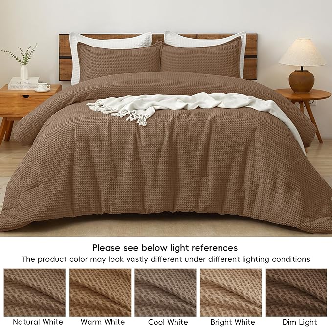 PHF Ultra Soft Waffle Weave Comforter Set King Size, 3 Pieces Lightweight Breathable Comfy Bedding Set, Comfy Textured 1 Comforter with 2 Pillow Shams, Mocha