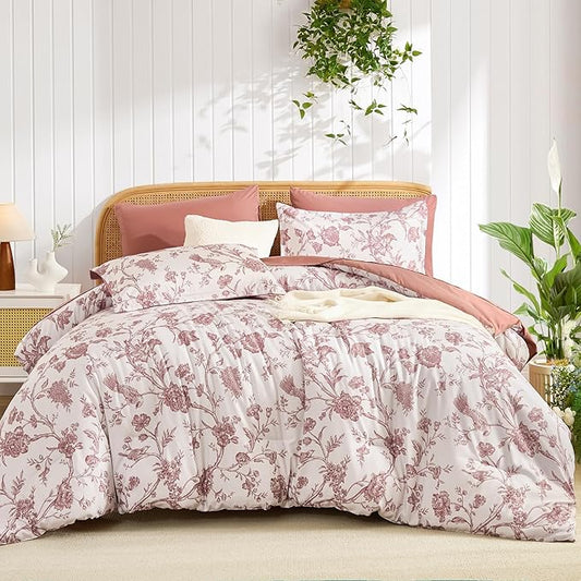 Luxudecor Floral Comforter Set King Size 7 Pieces, Blush Pink Flower with Bird Bed in a Bag, Soft Reversible Comforter with Sheet Bed Set 104"x90"