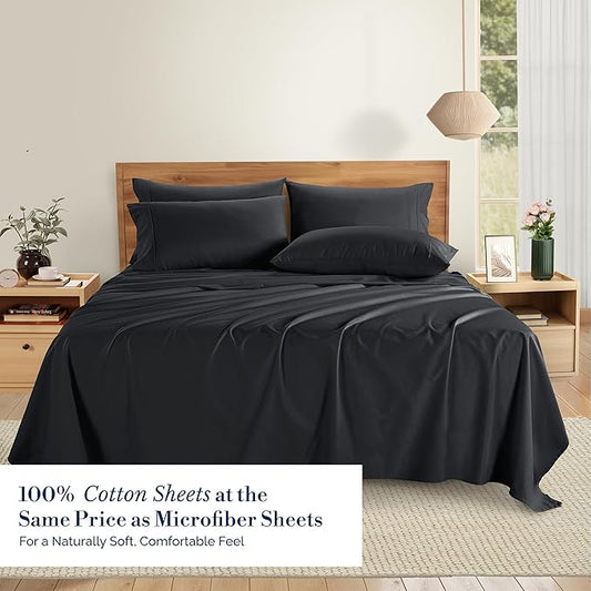 Casa Platino Sheets Cal King – 6 Piece Crisp Percale Weave Cal King Cooling Sheets with 15" Deep Pockets, Lightweight & Cool Feel for All Sleepers, Soft & Breathable for a Great Nights Sleep – Black