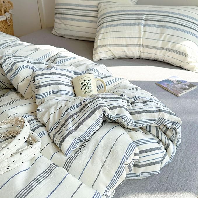 EAVD Vintage Blue Grey and White Striped Duvet Cover Twin Soft 100% Cotton Chic Stripes Bedding Set with 2 Pillowcases Retro Geometric Duvet Cover with Zipper Closure Corner Ties
