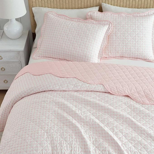 Martha Stewart - Queen Quilt Set, 100% Soft & Breathable Bedding with a Lightweight Feel for Year Round Comfort, 3 Piece Bed Set with Matching Pillowcases (Olivia Gingham Pink)