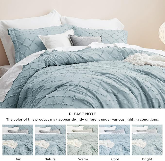 Bedsure Queen Comforter Set - Dusty Blue Comforter, Boho Tufted Shabby Chic Bedding for Kids, 3 Pieces Vintage Farmhouse Bed Set for All Seasons, Fluffy Soft Bedding with 2 Pillow Shams