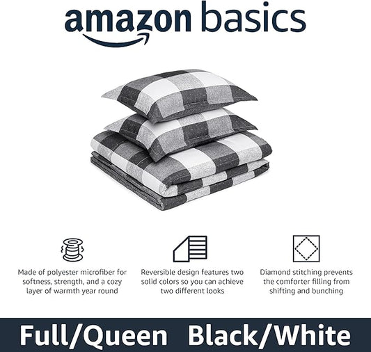 Amazon Basics Lightweight Microfiber Comforter Set, 3-Piece, Black/White Checkerboard, Full/Queen