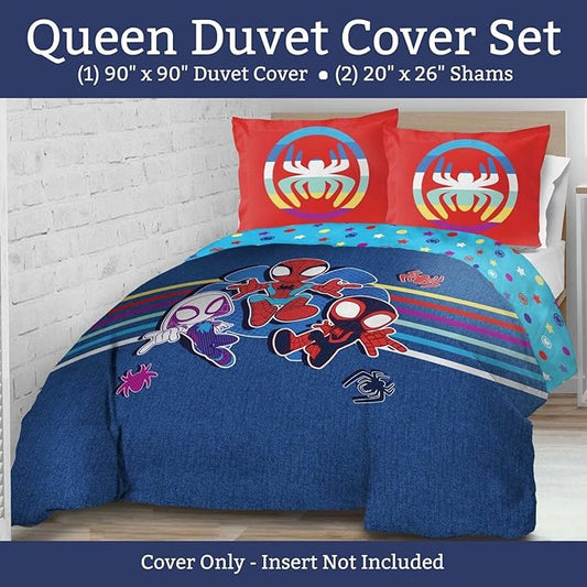 Jay Franco Kids Duvet Cover Set – 3 Piece Super Soft Bedding with Sham Pillowcase, Cover ONLY Comforter Not Included, Blue - Spidey & Friends, Queen