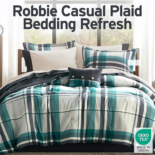 Intelligent Design Robbie 7-Piece Twin XL Comforter Set โ Lightweight All-Season Plaid Bedding, Teal/Black, Cozy Bed-in-a-Bag with Matching Shams & Decorative Pillow, Modern Casual Style