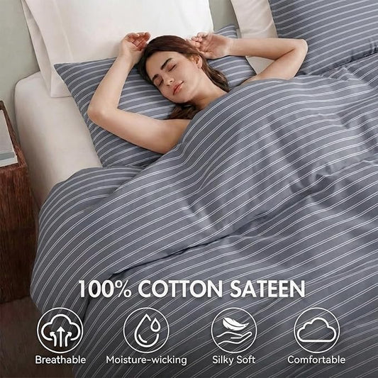 Bedbay Grey Striped Duvet Cover Set King Size, 100% Cotton Sateen Bedding Set, Modern Minimalist Hotel Style 3 Piece Duvet Cover, Soft Breathable All-Season Bedding