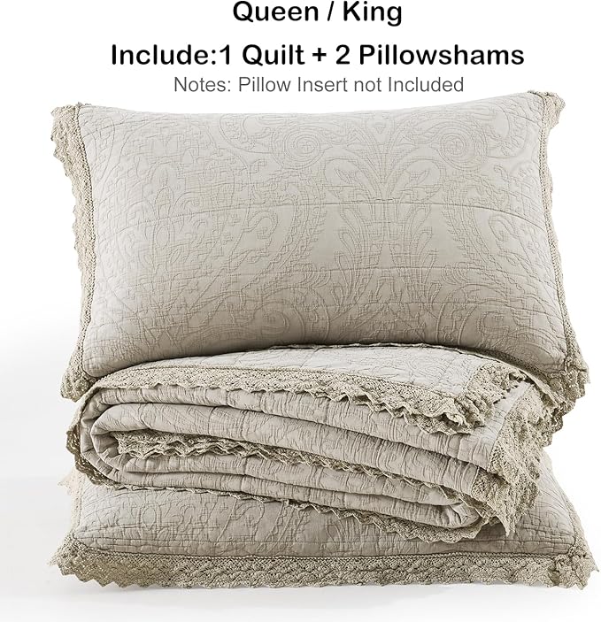 HORIMOTE HOME Stone-Washed Cotton Quilt King Size, Beige Jacquard Embossed Quilt Shabby Vintage Farmhouse Bedspread Coverlet with Crochet Edge, Soft Lightweight Bedding Set for All Season, 3 Pieces