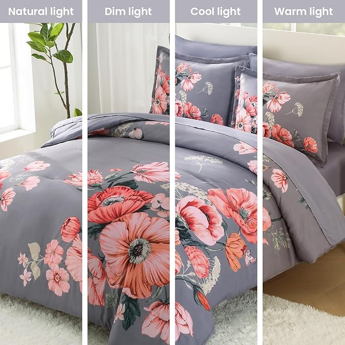 King Size Comforter Set - 7 Pieces Floral Comforter and Sheet Set, Dark Grey King Size Bed in a Bag, Soft Microfiber Flower Complete Bedding Set for All Seasons(Dark Grey,104"x90")