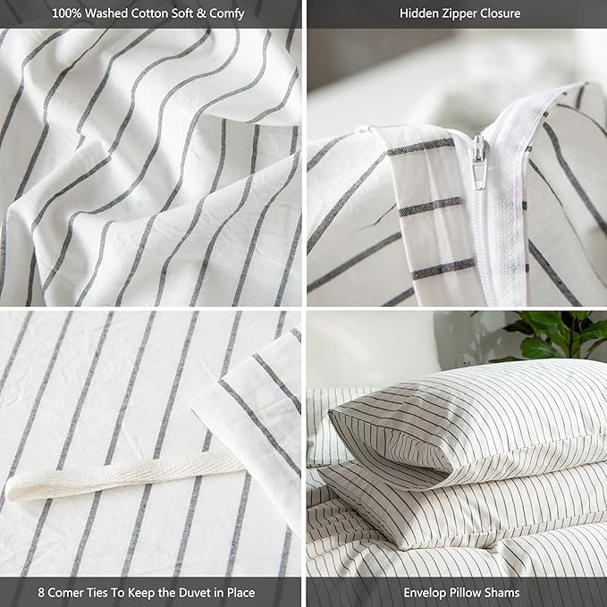 MooMee Striped Duvet Cover Set 100% Washed Cotton Linen Like Textured Breathable Durable Soft Comfy (White Dark Grey Wide Stripes, King 104"x90")