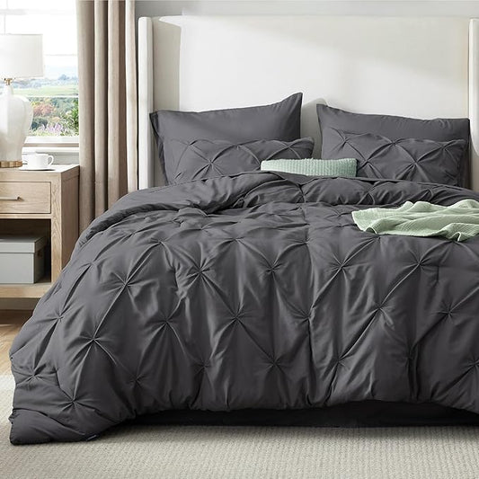 Bedsure Full Comforter Set Dark Grey - Bed in a Bag Full Size Bedding Set 7 Pieces, GentleSoftโข Pintuck Bed Set Gift for Family, Pinch Pleat All Season Comforter with Sheets, Pillowcases & Shams