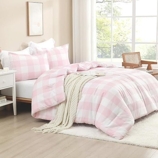 Andency Pink Checkered Comforter Full(79x90Inch), Plaid Gingham Buffalo Plaid Grid Bedding Sets for Girls Kids Women Kids Teens, 3 Pieces Lightweight Polyester Geometric Preppy Bed Set