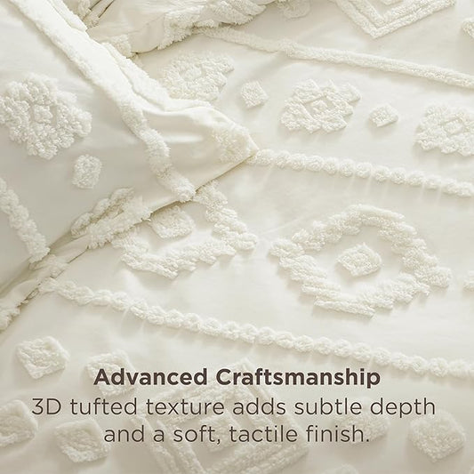 Bedsure Boho Tufted White Comforter Set Queen Size, GentleSoft™ 3 Pieces Boho Farmhouse Decor Bedding, Exquisite Shabby Chic Bedding for All Seasons, 1 Bed Comforter, 2 Pillow Shams, 90x90 Inches