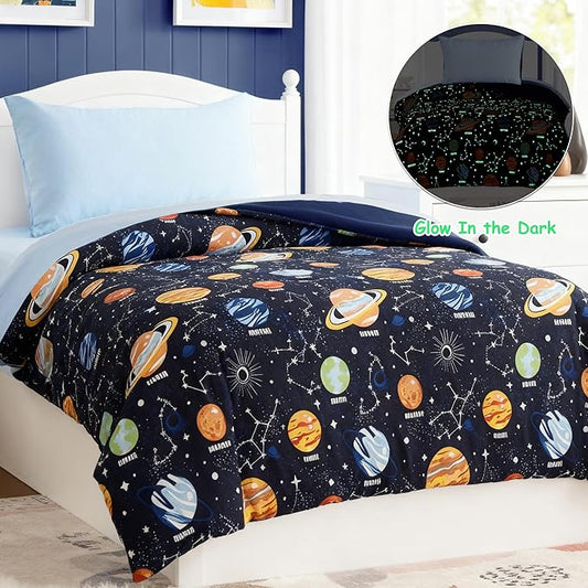 Toddler Bedding Set - 4 Pieces Toddler Comforter Set for Kids Boys, Glow in The Dark Space Bed in A Bag with Sheets